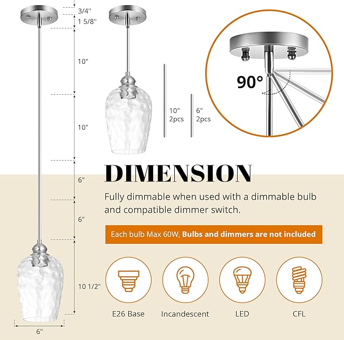 Glass Pendant Lights Kitchen Island, Brushed Nickel Pendant Light Fixtures with Hand-Blown Clear Glass, Modern Hanging Light for Kitchen Sink Dining Room Bedroom, E26 (Clear, 2pack)