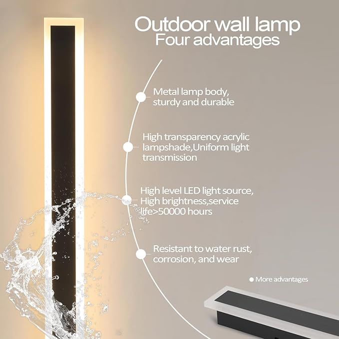 59inch 1 Pack Modern Outdoor Wall Sconce 3000K LED Outdoor Wall Lights IP65 Waterproof Black Exterior Light Fixtures for Garage Garden Patio