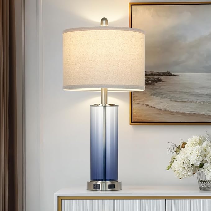 26 Inch Coastal Glass Table Lamp Single, 3-Way Dimmable Touch Control Bedroom Lamp with USB C+A Ports & AC Outlet, Modern Lamp for Living Room End Table, Nautical Bedside Lamp for Night stand, Blue