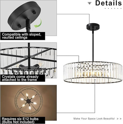 Modern Blcak Semi Flush Mount Ceiling Light, Crystal Dining Room Chandelier Light Fixture, 6-Light Drum Lighting Fixtures for Foyer Kitchen Living Room Bedroom (19.6 inch)