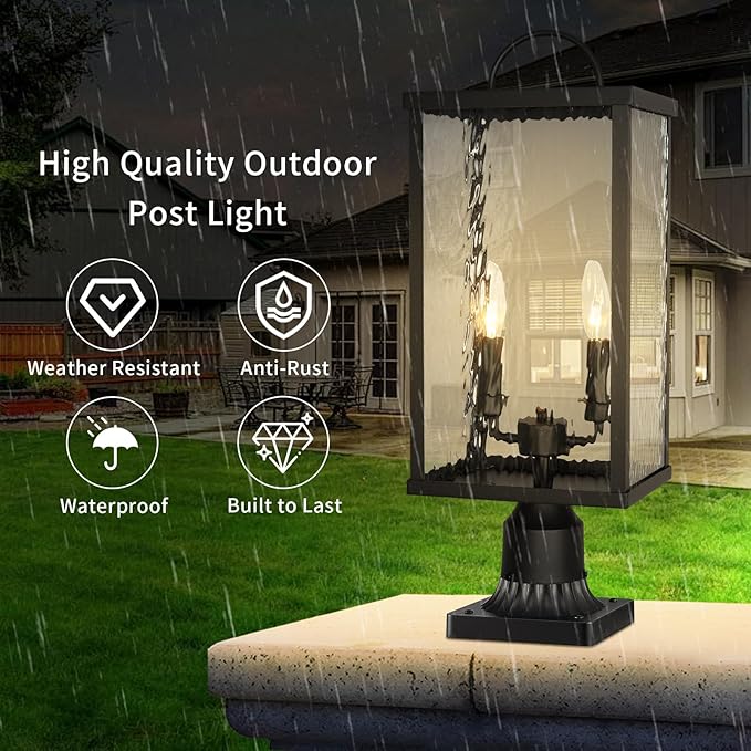 Outdoor Post Light Fixture, Modern Black Pole Lantern with Water Ripple Glass, Farmhouse Exterior Post Cap Lamp with E12 Sockets for Garden, Pathway, Courtyard, Patio, Porch, Driveway, Street