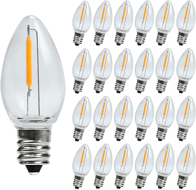 LED Night Light Bulb, Led Replacement Bulbs for Christmas String Lights, Shatterproof & Waterproof Led Bulbs, E12 Candelabra Base, 0.6W Equivalent to 7W, 2200K Warm White, ‎Plastic 25 Pack