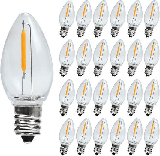 LED Night Light Bulb, Led Replacement Bulbs for Christmas String Lights, Shatterproof & Waterproof Led Bulbs, E12 Candelabra Base, 0.6W Equivalent to 7W, 2200K Warm White, ‎Plastic 25 Pack