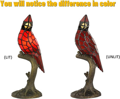 Cardinal Tiffany Style Accent Table Lamp in Height 14.5" Overall, Handmade Stained Glass Red Bird Lamp for Bedside Livingroom Bedroom Home Decoration (Red Cardinal)