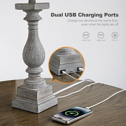 BOBOMOMO 27" Farmhouse Table Lamps with USB-A +C Ports, Vintage Rustic Lamps for Living Room, Linen Shade, Retro Side Table Lamps Set of 2 for Living Room,Bedroom,Night Stands,Office, Home Decor