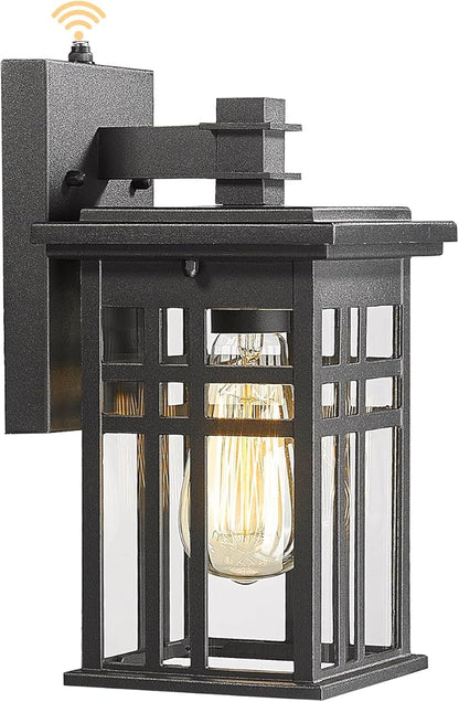 Dusk to Dawn Sensor Outdoor Wall Sconce Lantern, HWH Exterior Wall Mounted Lamp Porch Light Fixture with Clear Glass Shade, Matte Black Finish for Garage Doorway Garden, 5HD27B-PC BK