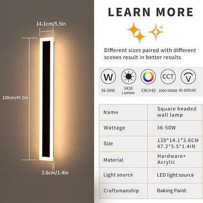 Mikeru 2Pack 47.2inch Modern Outdoor Exterior Wall Light, 3000k/4500k/6000k 3 Colors Switchable Large Outdoor Fixture Wall Mount, Ip65 Waterproof Modern Long Porch Light, Hardwired (Width: 5.5inch)