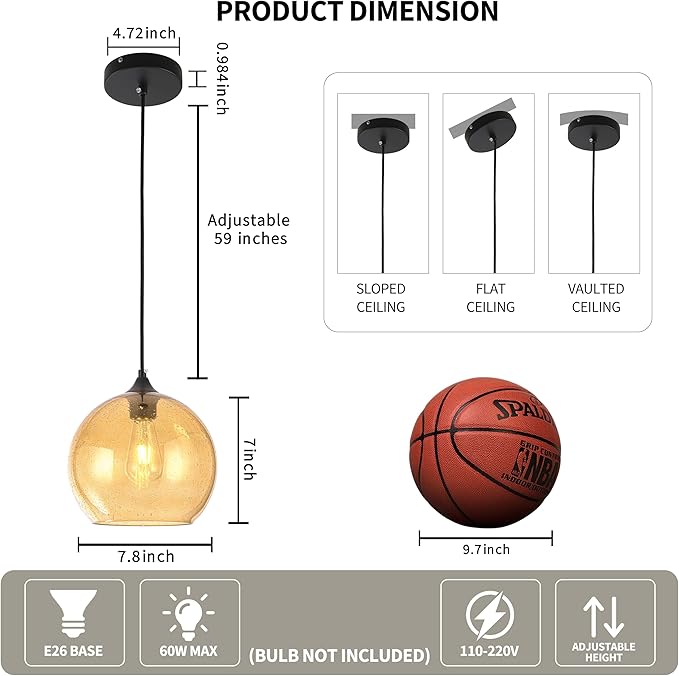 Amber Glass Pendant Lights Kitchen Island Lighting Modern Globe Pendant Light Fixtures Modern Pendant Lights for Kitchen Island Bedroom Living Dining Room Light Fixture-7.8inch