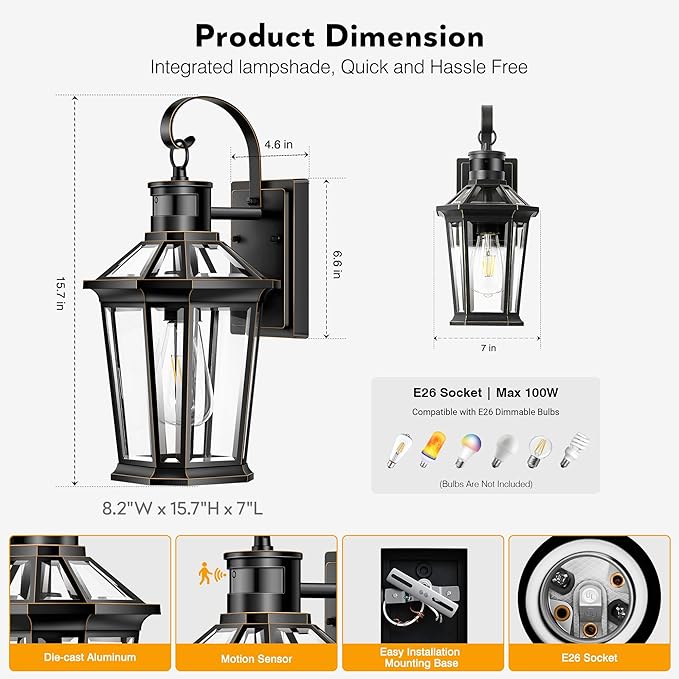 VIANIS Motion Sensor Outdoor Wall Lights, Dusk to Dawn Exterior Light Fixture Wall Mount for House Front Porch Light, Black Anti-Rust Aluminium Modern Outdoor Wall Sconce Lantern for Garage 2 Pack