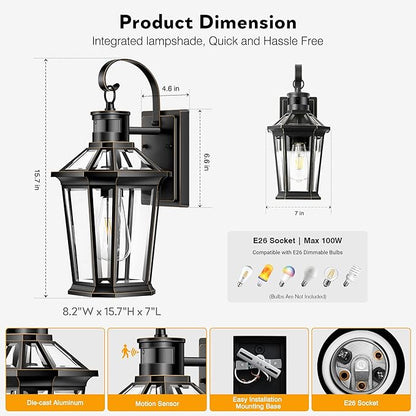 VIANIS Motion Sensor Outdoor Wall Lights, Dusk to Dawn Exterior Light Fixture Wall Mount for House Front Porch Light, Black Anti-Rust Aluminium Modern Outdoor Wall Sconce Lantern for Garage 2 Pack