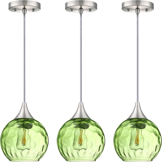 3 Pack 6.3" Hammer Green Glass Pendant Ceiling Light Fixtures Brushed Nickel Finish Modern Farmhouse Dinning Over Sink Adjustable Height Cord