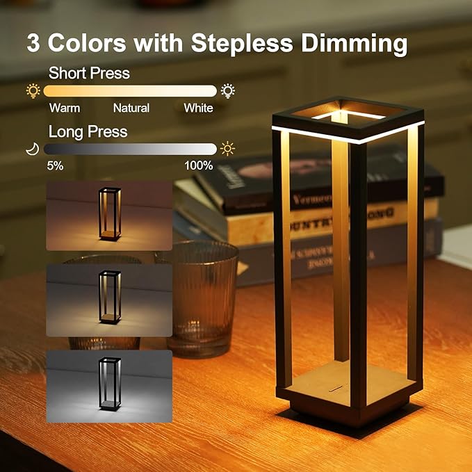 2 Pack Cordless Table Lamp Rechargeable, IP55 Waterproof, 60h Runtime Protable Outdoor Table Lamps, 3 Color Stepless Dimming Battery Powered Table Lamp for Dinner/Restaurant/Bedroom/Cafe
