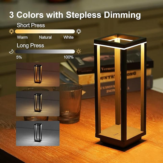 Cordless Table Lamp Rechargeable, IP55 Waterproof, 60h Runtime Protable Outdoor Table Lamps, 3 Color Stepless Dimming Battery Powered Table Lamp for Dinner/Restaurant/Bedroom/Cafe