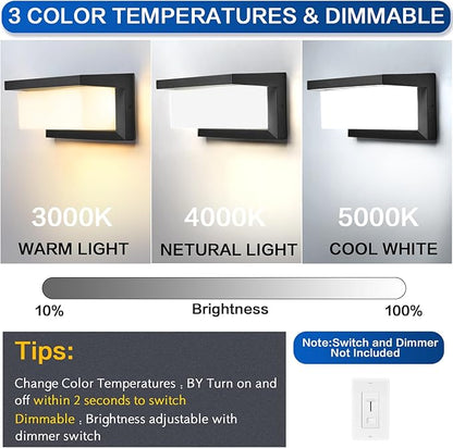 Outdoor Light Fixtures Wall Mount 2 Pack, 3 Colors & Dimmable Exterior Wall Lights for House, Front Porch & Patio