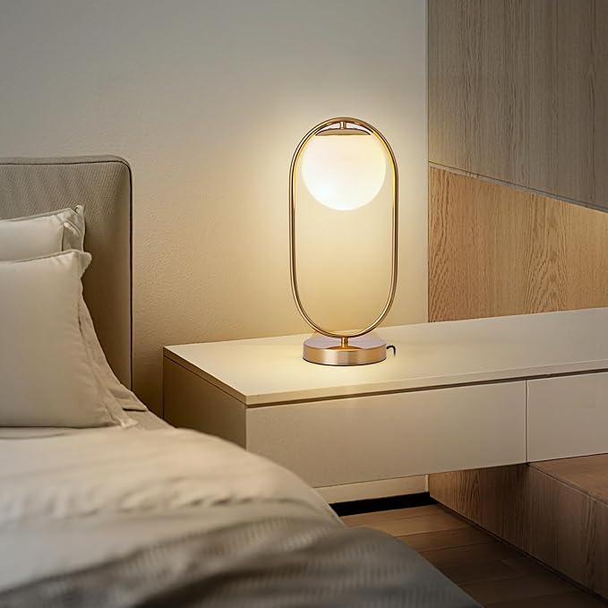 NKU Mid-Century Modern Glass Globe Table Lamp with LED - Luxury Bedside Night Light for Bedroom, Boho Vintage Style for Farmhouse & Office Desk