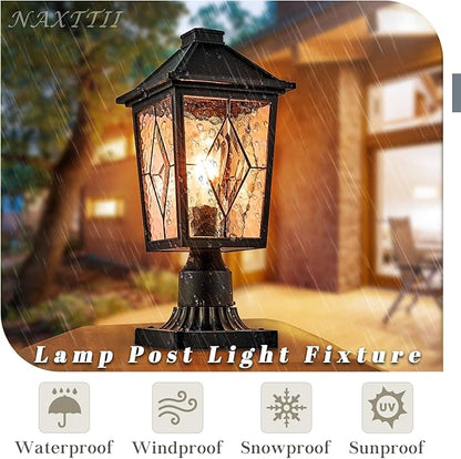 Outdoor Post Lights 16.5 Inch Black Lamp Post Light Fixture Aluminum Column Lighting with Water Ripple Glass E26 Socket Waterproof