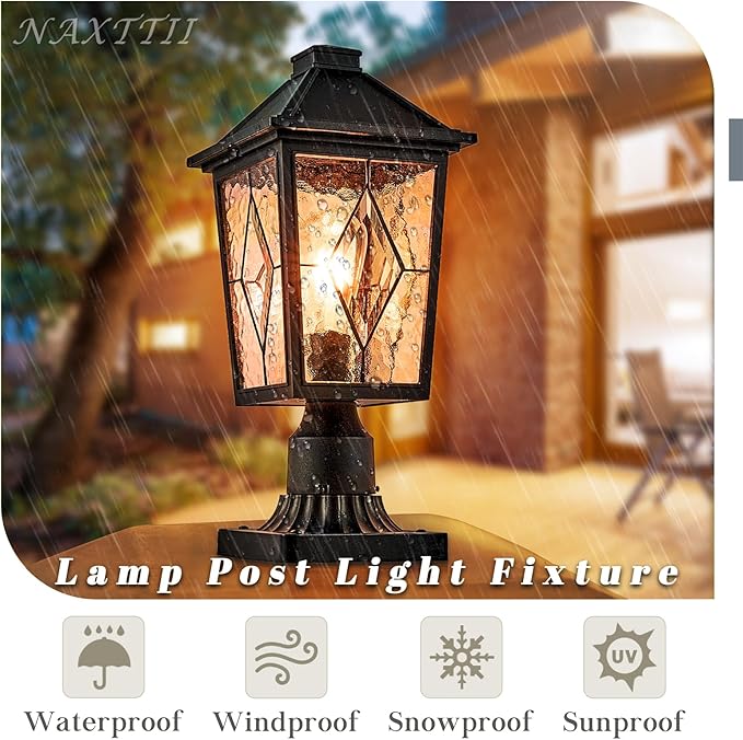 Outdoor Post Lights 13.6 Inch Modern Exterior Post Lantern Pillar Light with Water Ripple Glass Black Aluminum Pole Lights Outdoor