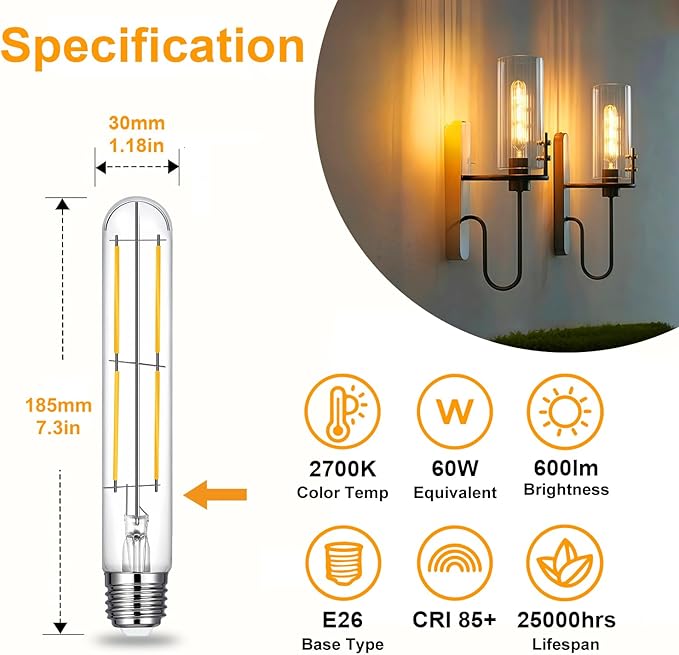 7.3 Inch T10 LED Bulb 6W (Equal 60W), Jacqueny 2PCS Dimmable Clear T10 LED E26 High Output 2700K Warm White, No-Flicker Edison T30/T10 Tubular Light Bulb 600LM, Long Lifetime For Wall Sconces, Pendant