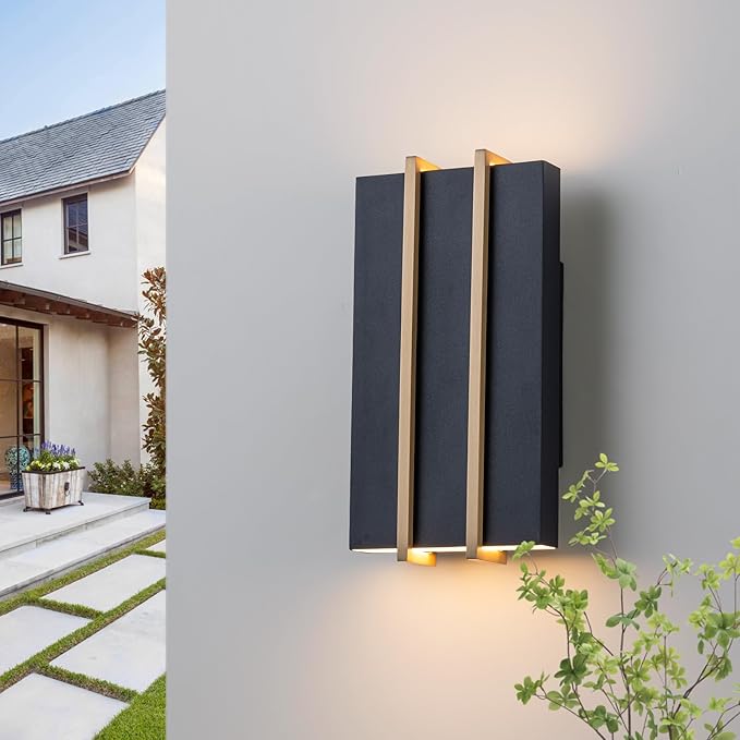 Upgraded Modern Outdoor Wall Light Fixture, 10.8" Up and Down Outdoor Sconce Lights 15W 3CCT 3000K/4000K/5000K, IP54 Waterproof Exterior Wall Sconce, Black Metal Frame with Brass Accents