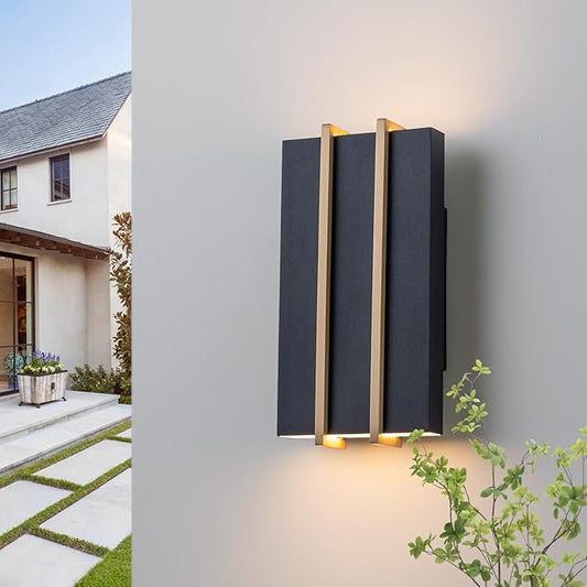 Upgraded Modern Outdoor Wall Light Fixture, 10.8" Up and Down Outdoor Sconce Lights 15W 3CCT 3000K/4000K/5000K, IP54 Waterproof Exterior Wall Sconce, Black Metal Frame with Brass Accents