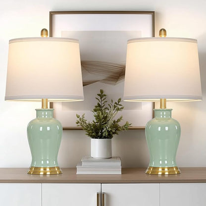 Green Ceramic Lamps Set of 2, 23" Modern Table Lamps for Living Room, Classic Bedside Lamp with Ginger Jar Design, Elegant Bedroom Lamp for Night Stand Desk Side End Table Home Decor