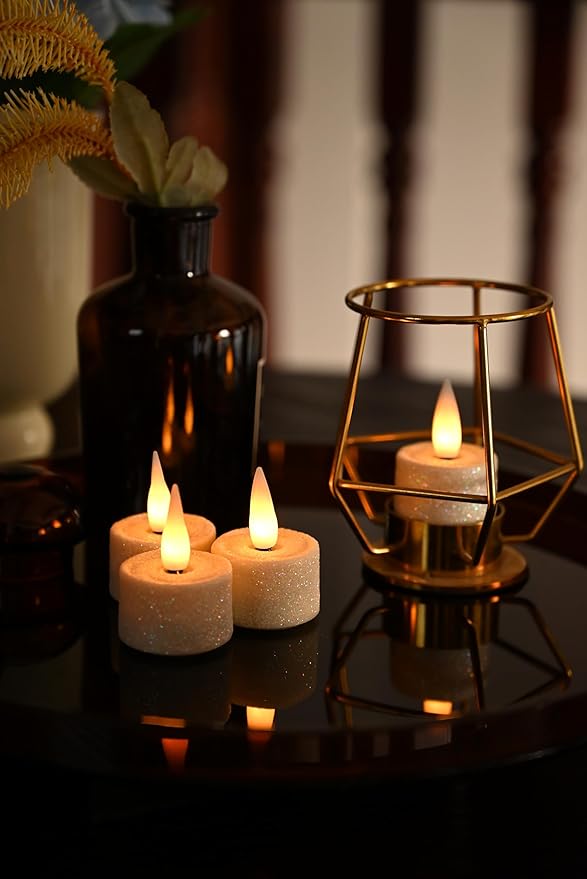 Rechargeable Flameless Tealights Candle with Remote Timer, 3D Moving Flame Real Wax Led Tealight Candles (Includes Remote Control, Charging Base, and USB Cable) (Glitter Ivory, 1.4in)