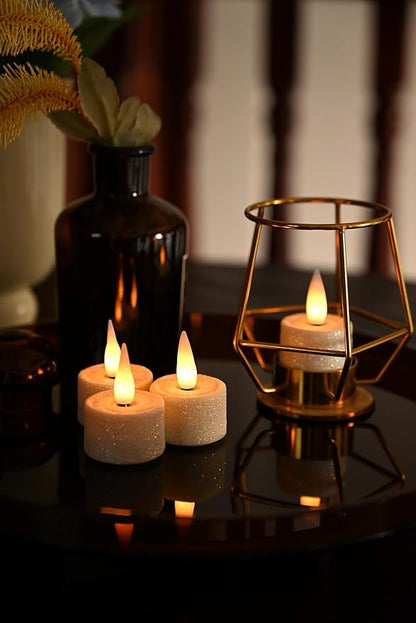 Rechargeable Flameless Tealights Candle with Remote Timer, 3D Moving Flame Real Wax Led Tealight Candles (Includes Remote Control, Charging Base, and USB Cable) (Glitter Ivory, 1.4in)