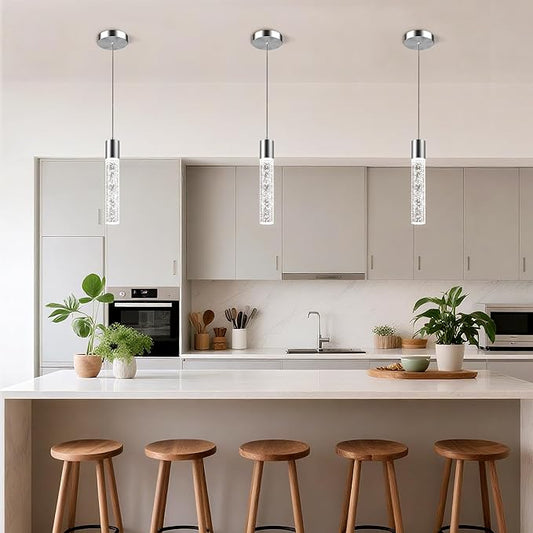 Pendant Lights Kitchen Island, 6500K Modern Kitchen Island Lights Brushed Nickel, 3 Pack Ceiling Lighting Fixtures with Crystal Bubble, Integrated LED Hanging Light for Dining Room Restaurant