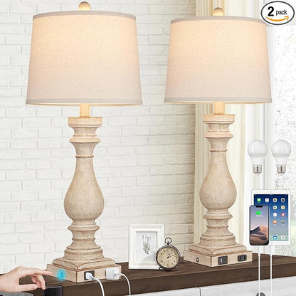 29" Tall Table Lamp for Living Room Set of 2,Farmhouse Nightstand Bedside Lamps with USB C+A Ports & AC Outlet,3-Way Dimmable Touch Control Desk Lamp for Bedroom,Color 1