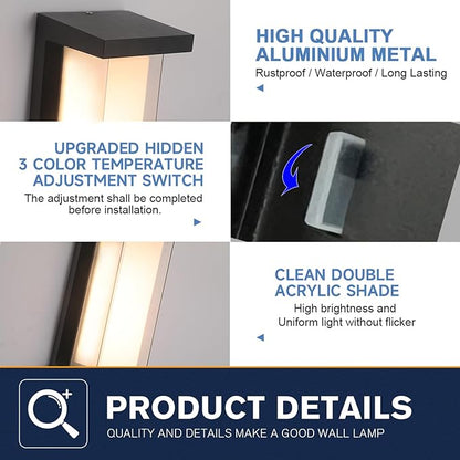 24W Outdoor Wall Lights Exterior/Interior LED 3-Color Adjustable 2100LM Sconces Lights IP65 Waterproof Modern Outdoor Lighting Fixtures Aluminum Wall Lights Compatible with Dimmers