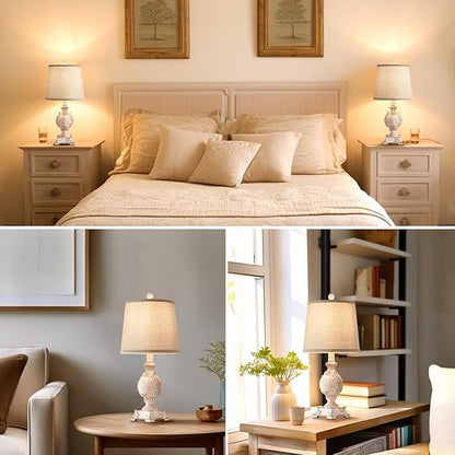 21'' Small Table Lamps Set of 2 Farmhouse Bedside Lamps for Bedroom Nightstand Vintage Carved Floral Side Table Lamps for Living Room Kids Home Office, Wooden Finish, Bulb Not Include