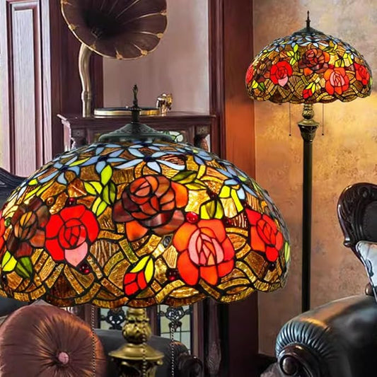 Tiffany Flower Floor Lamp Vintage Glass Standing Lamp with Pull Chain Traditional Stained Glass Floor Standing Reading Lights for Living Room Bedroom Farmhouse - Handmade Floral Lampshade