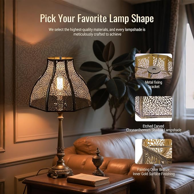 Metal Bronze and Gold lamp shades for floor lamps for bedroom or living room, 8-petal lotus lamp shape drum lamp shades, corner floor fan lamp with spider fitter (5.32" top x 13" bottom x 9.5" high)