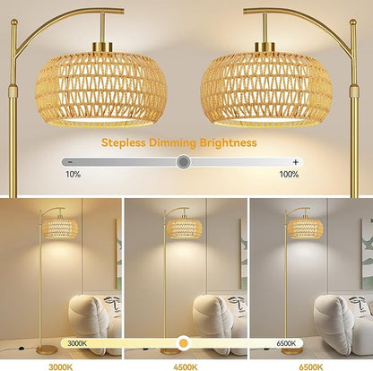 Gold Floor Lamps for Living Room Rattan Boho Floor Lamp with Remote Control & 3 Color Temperature,Dimmable Arc Floor Lamps Brass Standing Lamp Tall Floor Lamp for Bedroom Living Room Corner