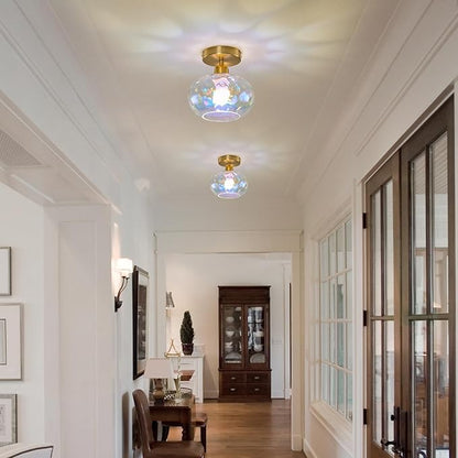 Vintage Glass Flush Mount Ceiling Light - 7.9 Inch Iridescent Hammered Glass Hallway Light fixtures Ceiling, Gold Semi Flush Mount Ceiling Light for entryway Foyer Laundry Room Kitchen