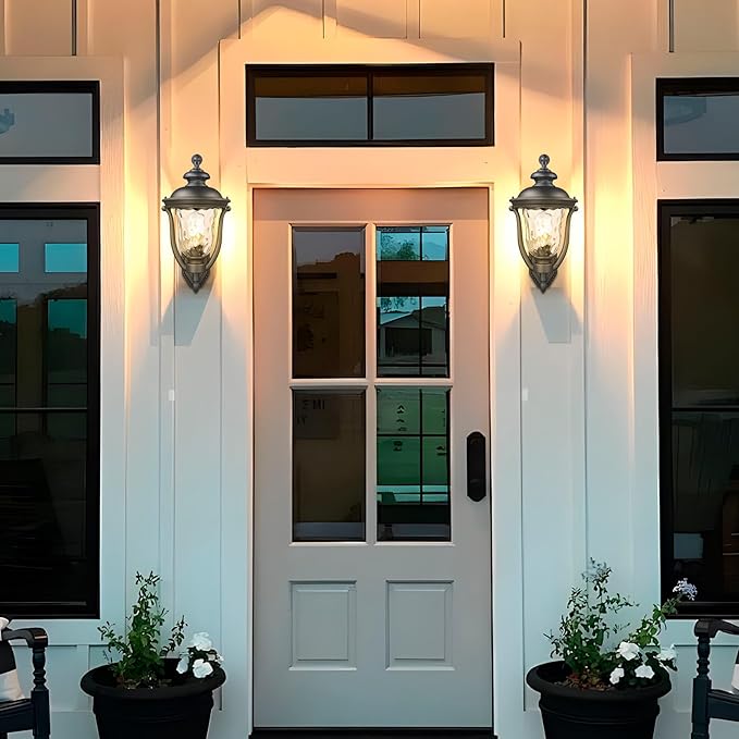 Wall Mounted Outdoor Light Fixtures,Water Ripple Glass Outdoor Lights,18.7Inch Exterior Light Fixtures Wall Mount,Vintage Style Waterproof Black Porch Light Outside Lights For House,Front Porch