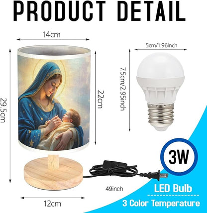 The Virgin Mary Holding Baby Jesus Table Lamp LED 3-Color Pressed Bedside, The Virgin Mary Holding Baby Jesus Shade Lamp with Wood Base for Bedroom Living Room Desk Office TL01