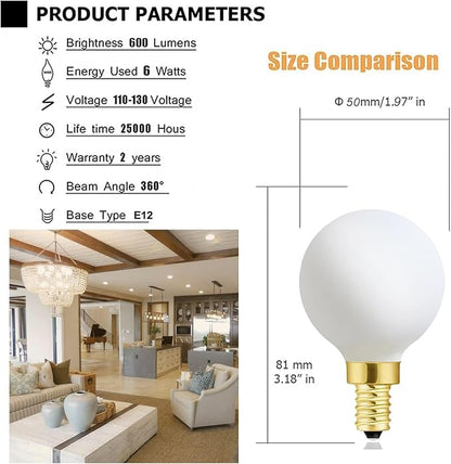 XININSUN Frosted G16.5 globe light bulb,e12 Round Candelabra Bulb 60 watt,6W Chandelier Light Bulbs,Milky White Candelabra LED Bulb,Dimmable,6W 3000K Soft White 600lm,6Pack