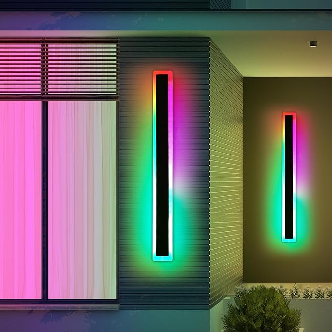 2 Pack Long LED Outdoor Wall Lights, 47.2inch Dimmable Modern Wall Sconce, RGB Color Changing, IP65 Waterproof, Exterior Lighting Fixture for Porch, Patio, Garage, Yard, with Remote Control