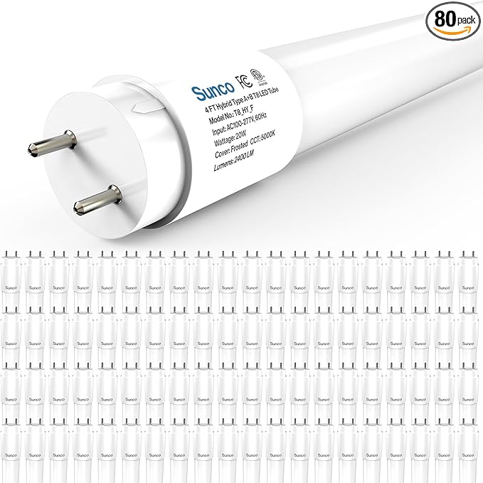 Sunco 80 Pack T8 LED Bulbs 4 Foot, 48 Inch Tube Light Bulbs Fluorescent Replacement, Single or Double Ended Hybrid Type A+B, 2400 LM, 20W, 5000K Daylight, Frosted Lens ETL