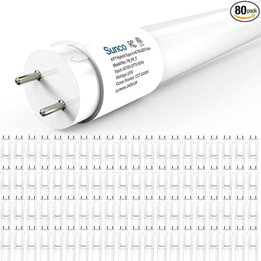 Sunco 80 Pack T8 LED Bulbs 4 Foot, 48 Inch Tube Light Bulbs Fluorescent Replacement, Single or Double Ended Hybrid Type A+B, 2400 LM, 20W, 5000K Daylight, Frosted Lens ETL