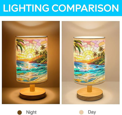 Tropical Island and Blue Ocean Table Lamp LED 3-Color Pressed Bedside, Tropical Island and Blue Ocean Shade Lamp with Wood Base for Bedroom Living Room Desk Office TL01