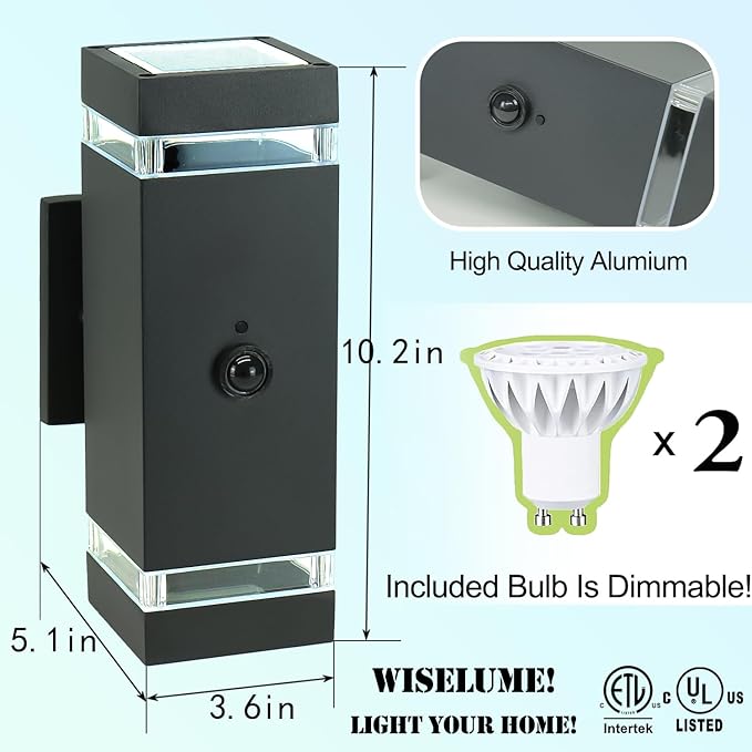 2 Pack Motion Sensor Outdoor Lights, Dusk to Dawn Waterproof Wall Sconce with GU10 LED Bulbs, Black Aluminum Up & Down Porch Light Fixtures for House Garden Garage,ETL Listed