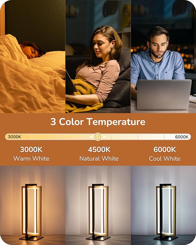EDISHINE LED Table Lamp, 3 Color Temperatures Bedside Lamp (3000K 4500K 6000K), MAX 750LM Touch Dimmable Nightstand Lamp for Living Room Bedroom, Angle Adjustable, Dual-Frame Rectangle, 2 Pack
