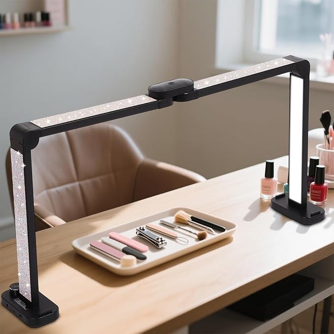 FAHKNS Large Half-Moon Light for Nail Desk, 34IN Foldable LED Lamp with Phone Holder, 3000-6000K Color Temperature, Stepless Brightness Adjustment, Nail Art, Tattooing, White with Diamonds