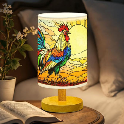 Rooster Table Lamp LED 3-Color Pressed Bedside, Rooster Shade Lamp with Wood Base for Bedroom Living Room Desk Office TL01