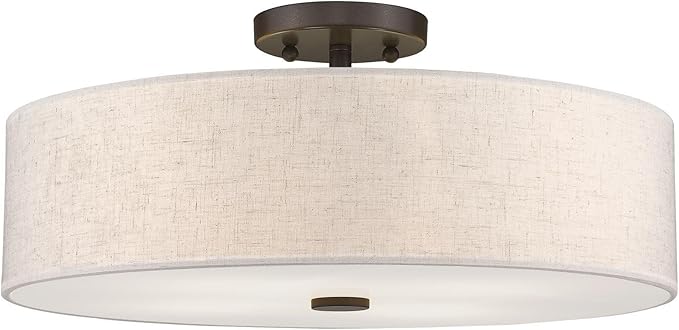 Livex Lighting 52136-92 Meridian Collection 4-Light Transitional Ceiling Mount Fixture with Oatmeal Color Fabric Hardback Shade, English Bronze