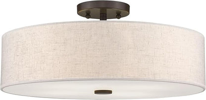 Livex Lighting 52136-92 Meridian Collection 4-Light Transitional Ceiling Mount Fixture with Oatmeal Color Fabric Hardback Shade, English Bronze