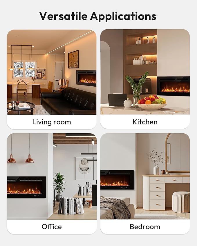 EUHOMY 60 Inch Electric Fireplace Recessed Wall Mounted with Remote Control, Fireplace Heater with Adjustable Flame Color, Linear Fireplace with Timer, Log & Crystal, 750/1500W (2026 Upgrade)