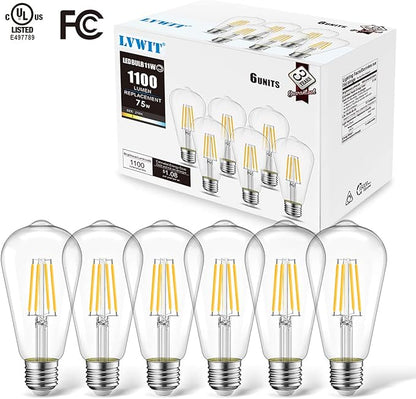 LVWIT 6 Pack Vintage LED Edison Bulbs 75W Equivalent 11W 1100LM Dimmable ST64 Filament 2700K Warm White E26 Medium Base Light Bulbs High Brightness Clear Glass